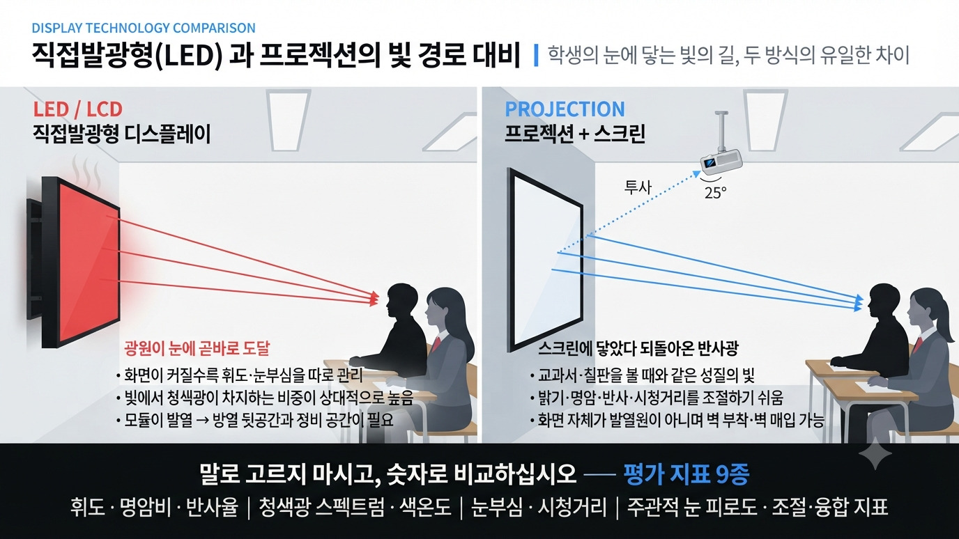 LED 직접발광형과 프로젝션의 빛 경로 비교 — 왼쪽은 LED 화면의 빛이 학생의 눈에 곧바로 도달하고, 오른쪽은 천장 프로젝터가 스크린에 투사한 빛이 반사되어 눈에 들어온다